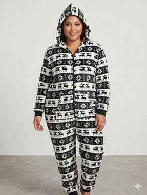 Black & White Hooded Holiday Fleece Onesie Pajamas